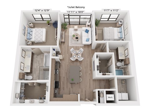 Floor plan for 2 beds, 2 baths, 1240 sqft